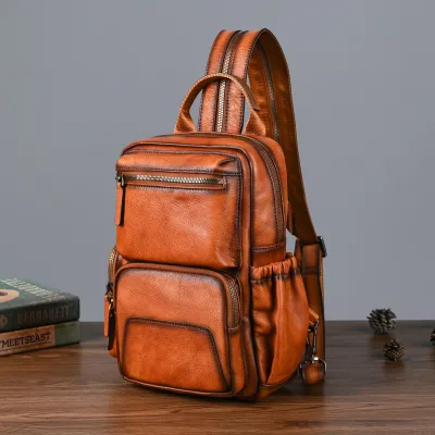 Retro Trend-Setting Layer Vegetable-Tanned Tree Cream Cowhide Handcrafted Men's Casual Chest Rig Travel Backpack