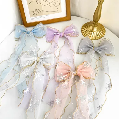 Lace Bow Knot Hair Clips Long Ribbon Mesh Hairpin Snowflake ribbon bowknot hair clips Fashion Hair Accessories for girls
