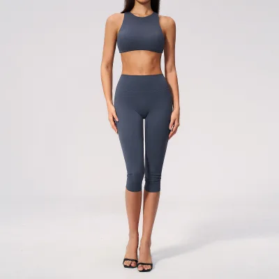 Womens Hot Athletic Set Yoga Crop Top and Dolphin Shorts Quick Dry Fabric for Gym Workout and Beach Wear