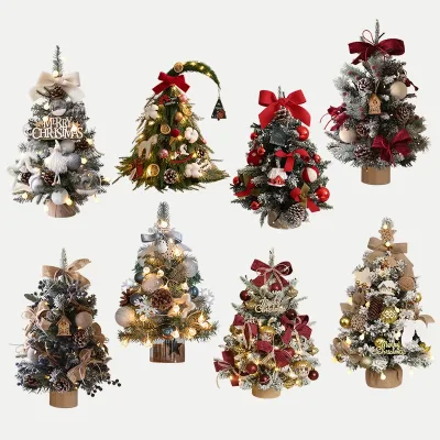 Pre-Decorated Tabletop Christmas Tree Set,8 Styles Assorted Color Flocked Artificial Trees with Fairy Lights Bows and Ornaments