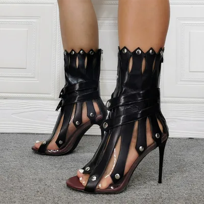 New Fashion Designed Women High-Heeled Ankle Boots Square Peep Toe Rivet Hollow Out Lady's Sexy Booty Summer Sandal Plus Size