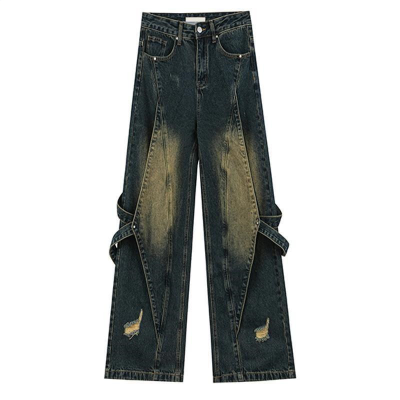 Fashion Brand Youth Fashion All Straight Cylinder Retro to Do Old Wash Patchwork Design