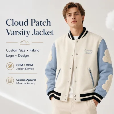 Doger Custom Varsity Jacket Cloud Patch Terry Contrast Sleeve Zip Pocket Rib Heavyweight Loose Beige Blue Varsity Jacket