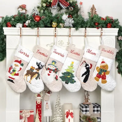 Personalized Wholesale Eco-friendly Cotton Plush Christmas Gift Bag with Blank Embroidered Name Stockings (Customized Size)