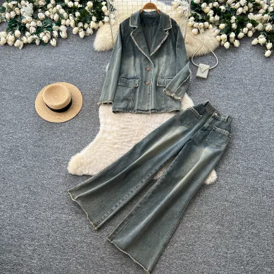 Women's 2 Piece Denim Set Frayed Lapel Blazer Jacket High Waist Wide Leg Jeans Spring Fall Casual Streetwear