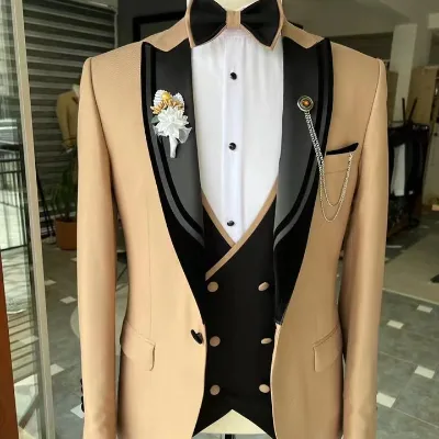 MTM Khaki Black Men Suits(jacket+pant+vest) Peaked Lapel Slim Fit Prom Wedding Groom Costume Homme Tuxedos Terno Masculino Blaze