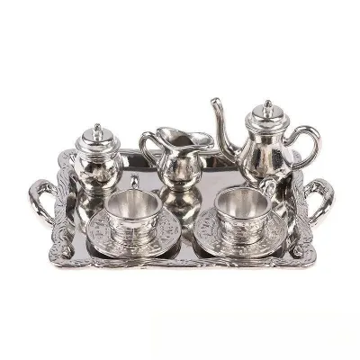 Miniature Alloy Tea Set Model for Dollhouse Kitchen Decor Display Prop