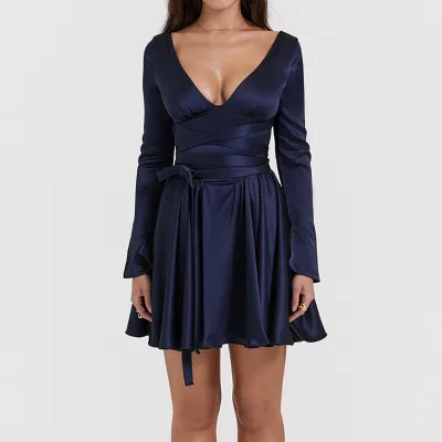 Dinner Party Lady Evening Ladies Dresses Women Elegant Sexy Midi V-Neck Bow Long Sleeves Backless Dress