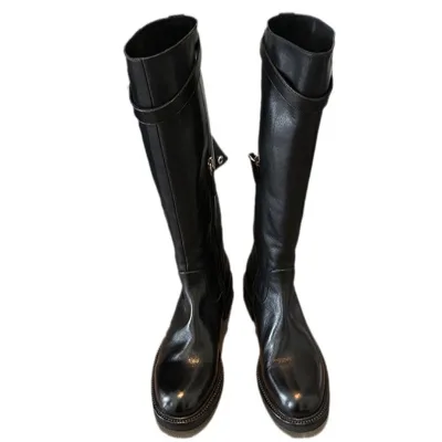 Grape Mom's British Style Cowhide Medium Heel High Tube Thick Heel Platform Height Increasing Leg Straight Long Riding Boots