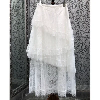 Lace Long Skirts 2026 Autumn Fashion Women Allover Flwoar Lace Patterns Sexy Asymmetrical Long Maxi Black White Lace Skirts