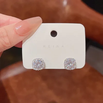 Trendy Platinum Plated Shining Square Diamond Pave Zircon Earrings for Women Girls