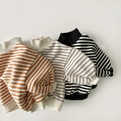 Spring Autumn Toddler Cotton Striped Fleece-Lined Loose High-Neck Baby Sweatshirt Top