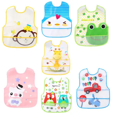 Customized Cute Cartoon Polyester Peva Waterproof Baby Sleeveless Apron Bibs With Food Capture Pocket Dressing for Boys Girls