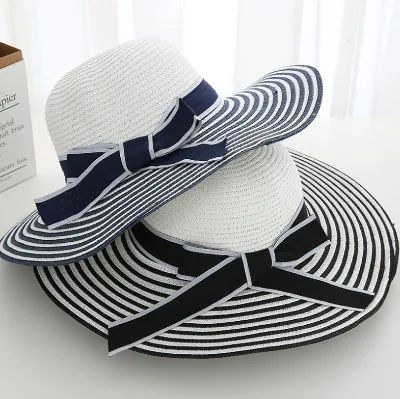 Stripped Foldable Straw Sun Hat Floppy Wide Brim Female Travel Panama Sunscreen Beach Hat