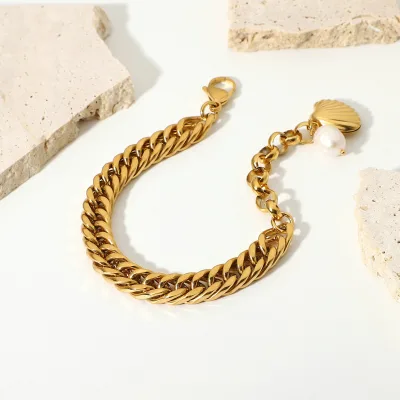 18k Gold Plated Stainless Steel Bracelet Wide Double Cuban Chain Chunky Shell Pearl Bracelets