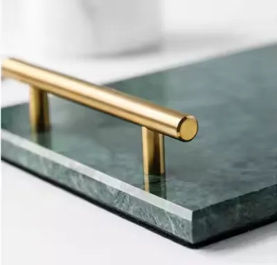 Customized Luxurious Marble Stone Plate Green Marble Tray With Gold Handles