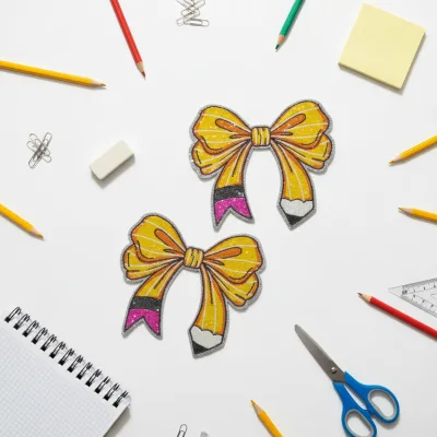Wholesale Sequin Pencil Bow Embroidery Patch Glitter School Supplies Badge Custom Bling Iron on Applique for DIY Clothing