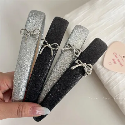 Temperament High-grade Sparkling Cloth Hair Band Silver Bow Headband Hair Clip