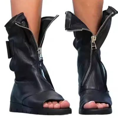 Factory Design Sexy Black,White,Red Tassel Zipper Open Toe Women Casual Flat Shoes Autumn Mid Calf Short Boots