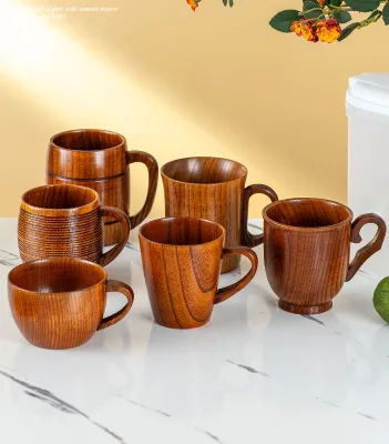 Customizable Household Wooden Coffee Drinking Mug, Large Capacity Handle Cup