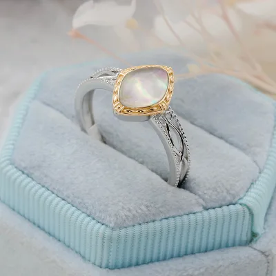 925 Sterling Silver 14K Gold Plated Gemstone Vintage Double Layer Hollow Shell White Crystal Ring