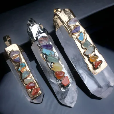 Natural Crystal 7 Chakra Stone Pendant Irregular Healing Energy Crystal Column 7 Chakra Pendant