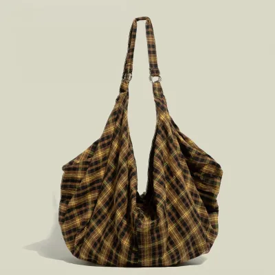 Women Vintage Plaid Tote Cloth Bag, Large Capacity Single Shoulder Bag, Aesthetic Vibe for Autumn and Winter