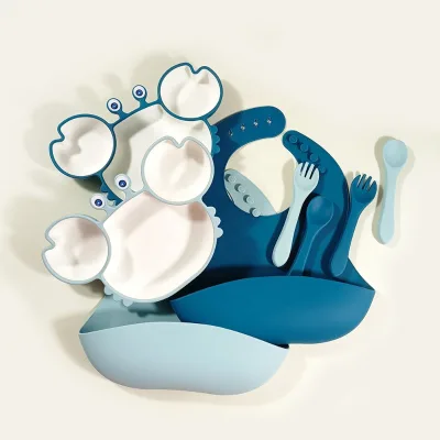 Crab Silicone Baby Feeding Set Cangrejuego De Silipara Bebes Plato De Cangrejo Multicolor Waterproof Bib for Infant