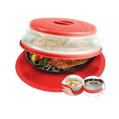 2-in-1 Microwave Cover and Multi-Purpose Silicone Mat Set Collapsible Microwave Splatter Shield Lid with Plastic Mat