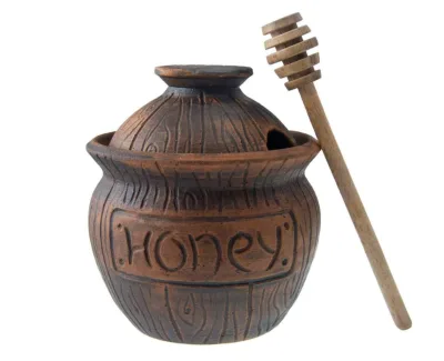 Honey Jar with a Dipper 16oz. Ceramic Honey Pot Made Out of Solid Clay Piece. Honey Container, and a Great Rustic Bowl for Gift