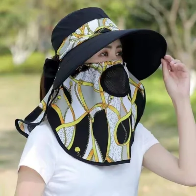 Wholesale New Style Women's Sunshade Bucket Hat with Large Brim Sun protection Hat with Shawl and Mask