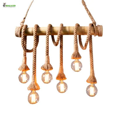 Industrial Bamboo Hemp Rope Pendant Light Restaurant Loft Cafe Farmhouse Chandelier Decoration Hanging Luminaire