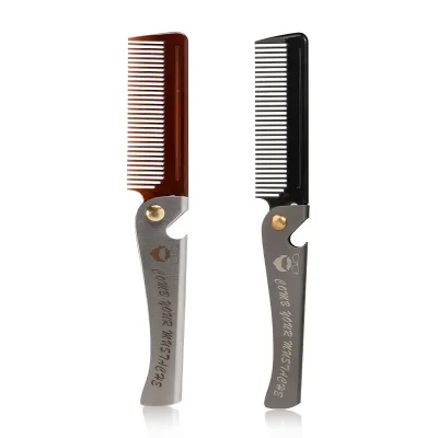 Wholesale Comfortable Stainless Steel Folding Beard Pocket Comb Handle Plastic Dense Teeth Hairdressing Combs for Beard