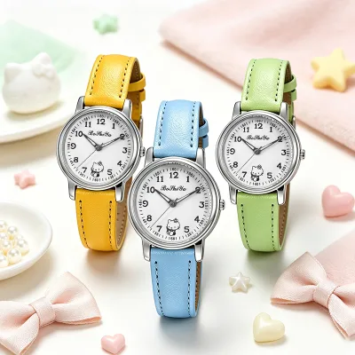 Women's Quartz Wrist Watch with Soft Leather Strap Cute Kitten Pattern Dial 3-Hand Analog Display Daily Casual Wear