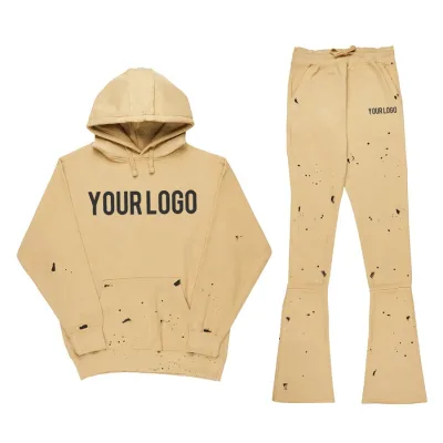 Custom Flare Sweatpants and Hoodie Set Unisex Blank Cotton Fleece Mens Street Wear Hoodie Flared Sweatsuit