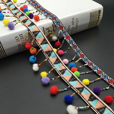 Ethnic Retro Webbing Pompom Fringe Handmade Beaded Embroidery Lace Border for Costume Curtain Clothing Accessories