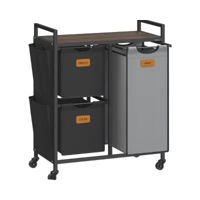 Canvas Eco-friendly Modern Laundry Hamper 3 Compartments 26.4 Gal. (100 L) Sorter Rolling Cart Shelves Small Side Pockets