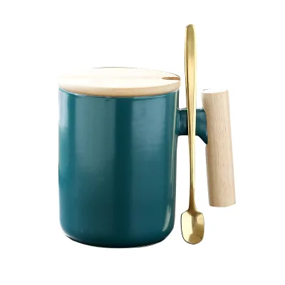 Creative Retro Ceramic Mug with Wooden Handle 380ml Capacity Office Coffee Cup Water Cup with Souvenir Seal Logo