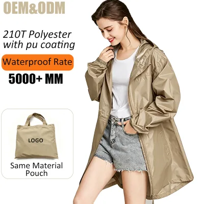 New Arrival Fashion Breathable Travel Lightweight Reusable Khaki Waterproof 210t Polyester Raincoat Ladies with Portable Pouch