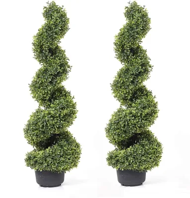 Outdoor Green Artificial Boxwood Spiral Topiary Trees Durable Plastic Grass Type for Porch/Garden
