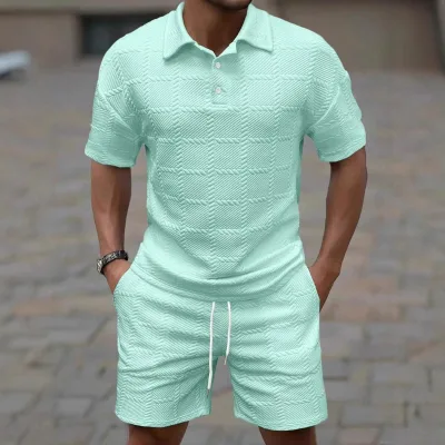 Solid Color Knitted Breathable Summer Tracksuits Men Fashionable Casual Short-Sleeve Oversized T-shirt Shorts Business