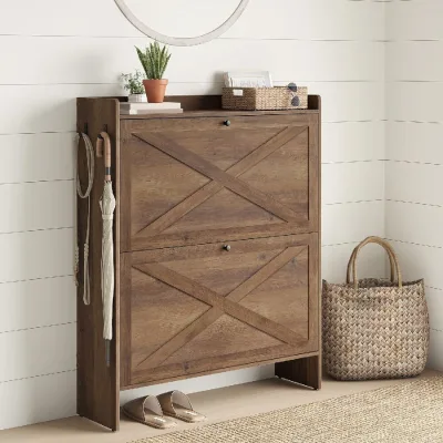 Rustic Wooden Panel Entryway Shoe Storage Cabinet with Hooks and Open Shelf Eco-Friendly for Hallway Mudroom Home Organization