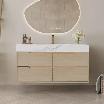 Recessed Pull Bathroom Vanity Wall Mount / Freestanding with Detachable Metal Legs & Quartz Countertop & Soft Close Drawers