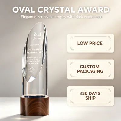 Custom Engraved Silver Oval Crystal Trophy Wooden Base | Eco-Friendly Bulk Corporate Recognition Award 30-Day Fast Delivery