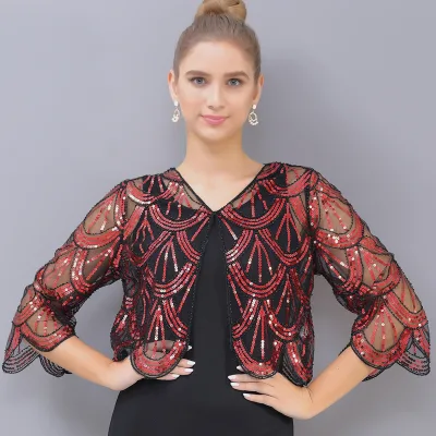 New Sequin Short Sleeve Small Coat Short Cardigan Shawl for Evening Dress