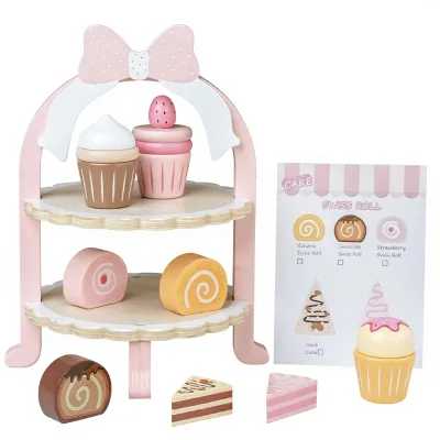 Imaginative Role Play Eco-friendly Wooden Mini Chef Afternoon Tea Stand Play Food Set Cake Pastry Tower for Pretend Play Tea