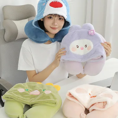 Cute Shark Cotton Soft Fluffy Cartoon Nap Hooded U-Shaped Pillow Custom Factory