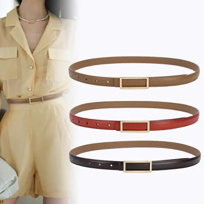 Wholesale Manufacturer Geometry Square Buckle Cowhide Leather Belts Split Genuine Leather Women Skinny Belts for Jeans Suit
