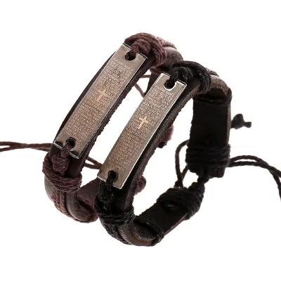 New Metal Cross Charm Leather Wristband Bible Lection Genuine Leather Bracelet Scriptures Jesus Christ Cross Bracelet