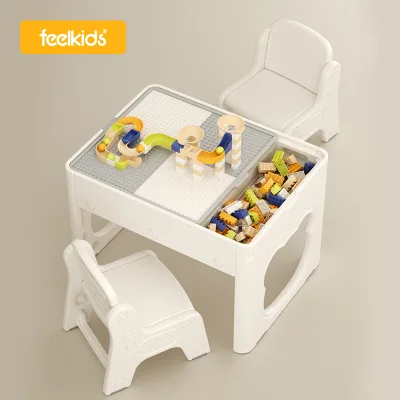 Feiqi Bear Building Blocks Table Children Dining Learning Reading Plastic Study Desk Baby Kids Play Table and Chairs Set